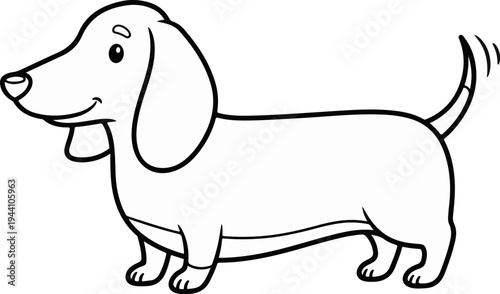 A smiling, stylized dachshund stands on four paws, its tail curled upwards