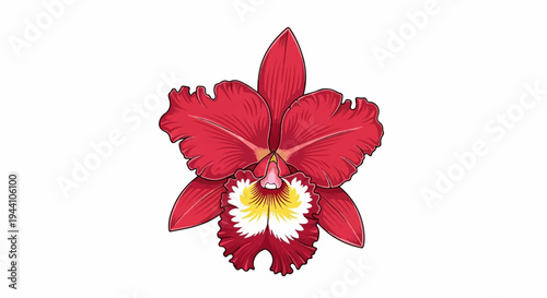 A striking red orchid with ruffled petals and a vibrant yellow and white center