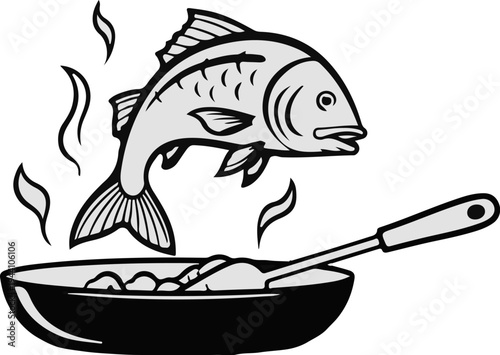 A stylized fish jumps out of a sizzling pan with steam rising