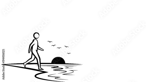 A solitary figure walks by the ocean at sunset, with birds flying above