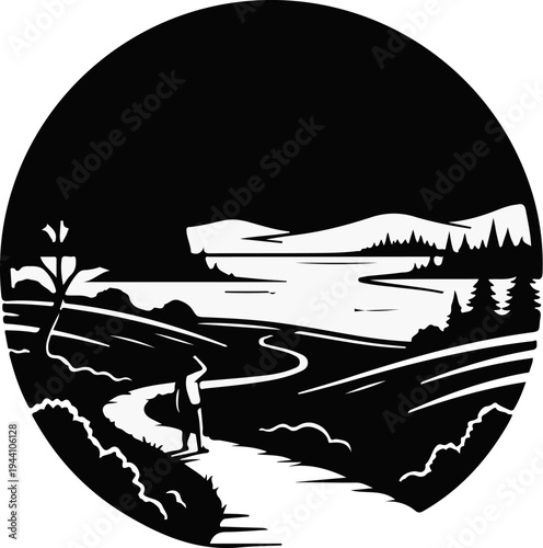 A solitary figure walks a winding path through a stylized landscape to a serene lake