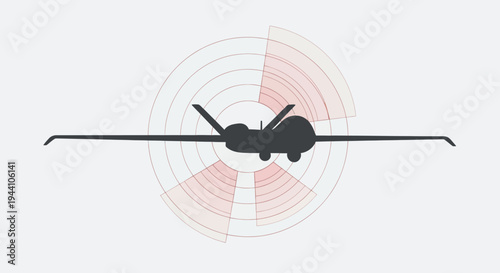 A dark silhouette of an unmanned aerial vehicle is centered over concentric radar rings with shaded red segments against a light gray background.