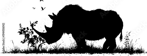 African Rhino Silhouette - Black and White