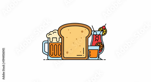A stylized flat illustration featuring a slice of bread, a beer mug, and two cocktails
