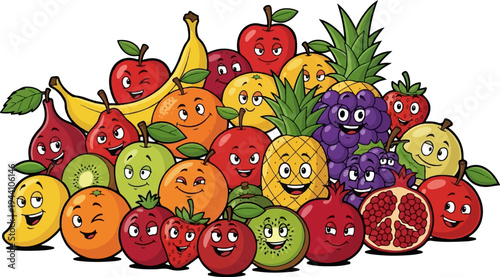 A vibrant, diverse, and happy assortment of cartoon fruits piled high