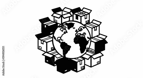 A stylized globe encircled by stacks of open and closed cardboard boxes