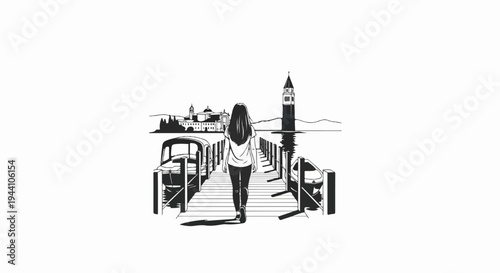A solitary figure walks on a pier towards a city skyline with boats