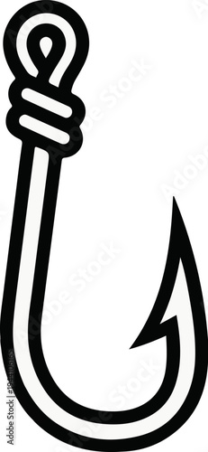 A simplified black and white icon of a fishing hook with a looped end and sharp barb