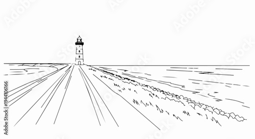 A solitary lighthouse stands sentinel over a rocky shore with a path leading toward it