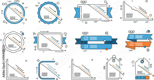 Declining sales and negative growth chart badges labels and ribbon banners collection for financial analysis business report vector illustration set