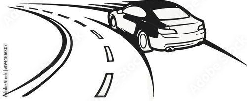 A sports car speeds around a winding road with motion blur lines