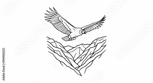 A stylized bird of prey soars above a mountainous landscape