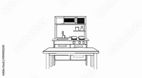 A simplified line drawing of a toy kitchen setup with a table