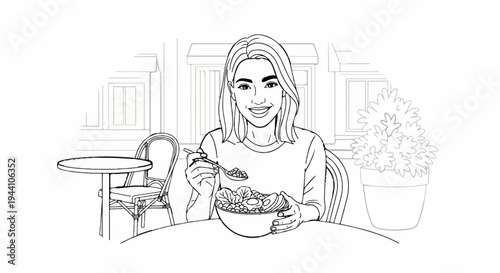 A smiling person enjoys a healthy salad at an outdoor cafe table