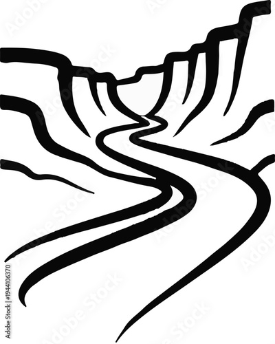 A stylized black and white abstract rendering of a winding river canyon
