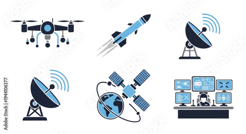 A set of blue and dark gray icons depicts various military technology systems including a drone, missile, and satellite dish.
