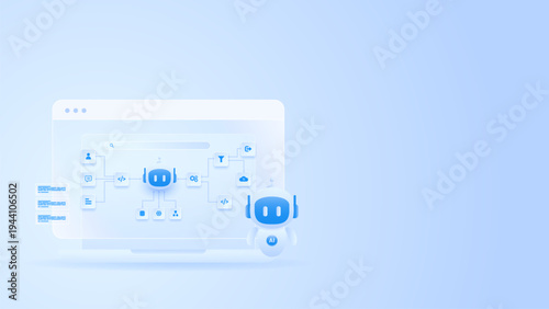 AI chatbot agent interface with workflow automation system and robot assistant on minimal light blue technology.