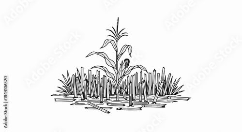 A single corn stalk stands tall amidst harvested stubble and fallen stalks