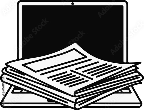 A stack of newspapers rests on a laptop