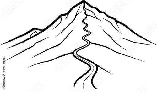 A stylized black and white drawing of a mountain with a winding path up its side