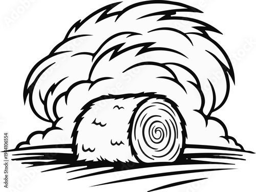 A stylized, black and white illustration of a large, fluffy hay bale