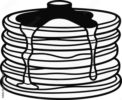 A stack of pancakes drizzled with syrup, presented in a simple black and white illustration