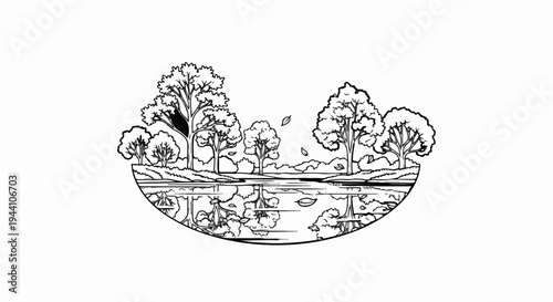 A stylized black and white drawing of trees reflected in calm water