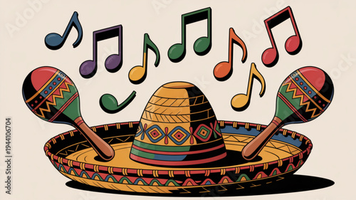 Vibrant sombrero and maracas with colorful musical notes floating above festive latin american hat and instruments on beige background