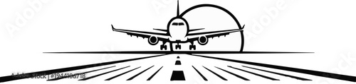 A stylized black and white graphic of an airplane on a runway with markings