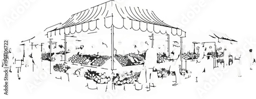 A sketch of a bustling outdoor market with stalls, produce, and shoppers