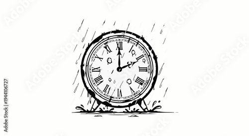 A sketch of a clock facing the viewer in the rain