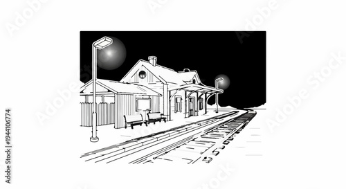 A stark black and white illustration of a deserted train station at night