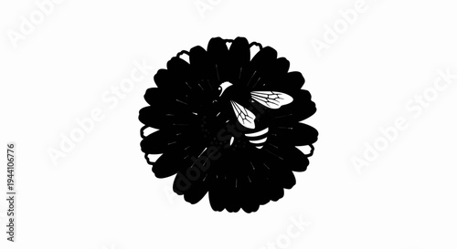 A stylized black and white illustration of a bee on a flower