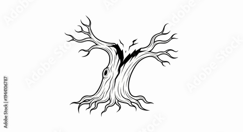 A stark, black and white illustration of a gnarled, ancient tree