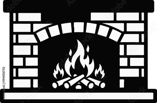 A stylized black and white illustration of a brick fireplace with a burning fire inside