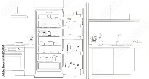 A sketch of a kitchen with an open refrigerator, stove, and sink
