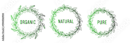 Collection of hand-drawn natural and organic themed botanical leaf wreath frames, perfect for eco-friendly product labels, health-conscious branding, and pure ingredient promotion