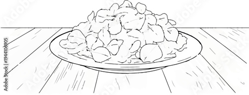 A sketch of a plate piled high with food on a wooden table