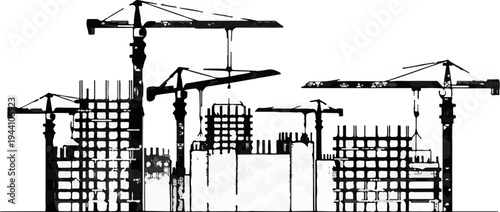 A stark graphic illustration of a construction site with cranes and building structures