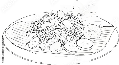 A sketch of a salad with fruit slices and leaves on a striped plate