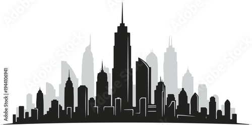 A stark silhouette of a city skyline with varied tall buildings