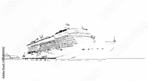 A stark, graphic illustration of a large cruise ship docked at a pier under a bright sky
