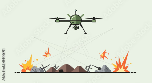 A simple green military drone hovers above an illustrated battlefield with explosions and trenches below.