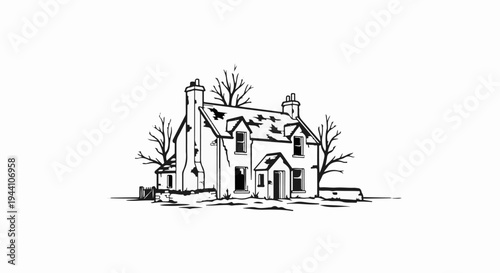 A stark, hand-drawn outline of an old, weathered cottage surrounded by bare trees