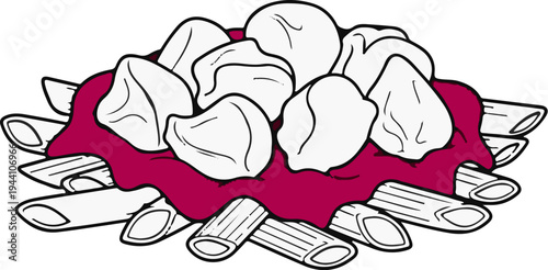 A simple line art illustration of pasta with sauce and dumplings