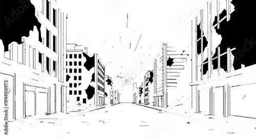A stark, high-contrast line drawing depicts a desolate city street in ruins