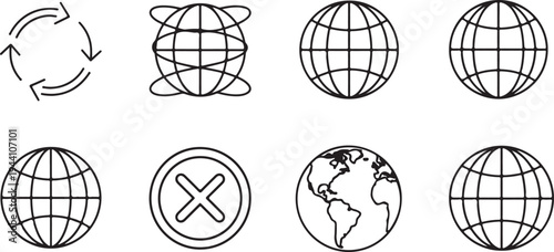 Global connection icons set featuring world maps earth globes navigation symbols and network communication grid line art illustrations
