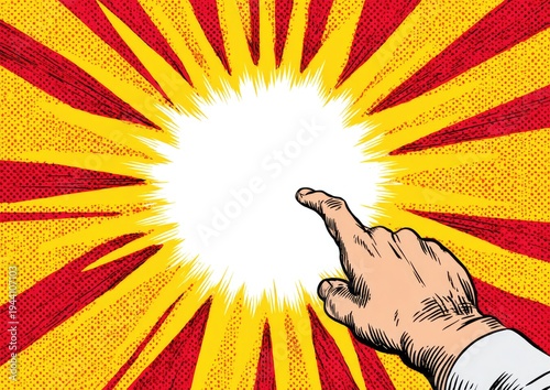 A hand, index finger extended, points at a blank, bright yellow & red comic book-style explosion