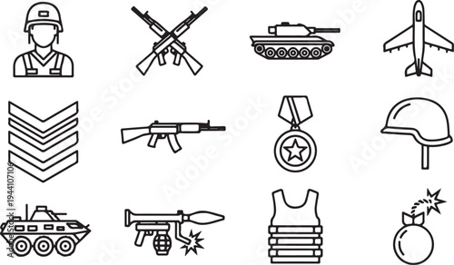 Military icon set. soldier, weapon, helmet, tank, aircraft, rank emblem, medal, body armor, grenade launcher, bomb vector illustration