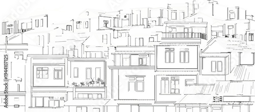A sketch of dense, layered townhouses with many windows and varied rooftops